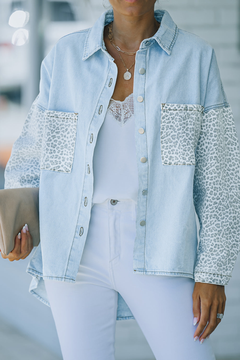 Sky Blue Contrast Leopard Denim Jacket