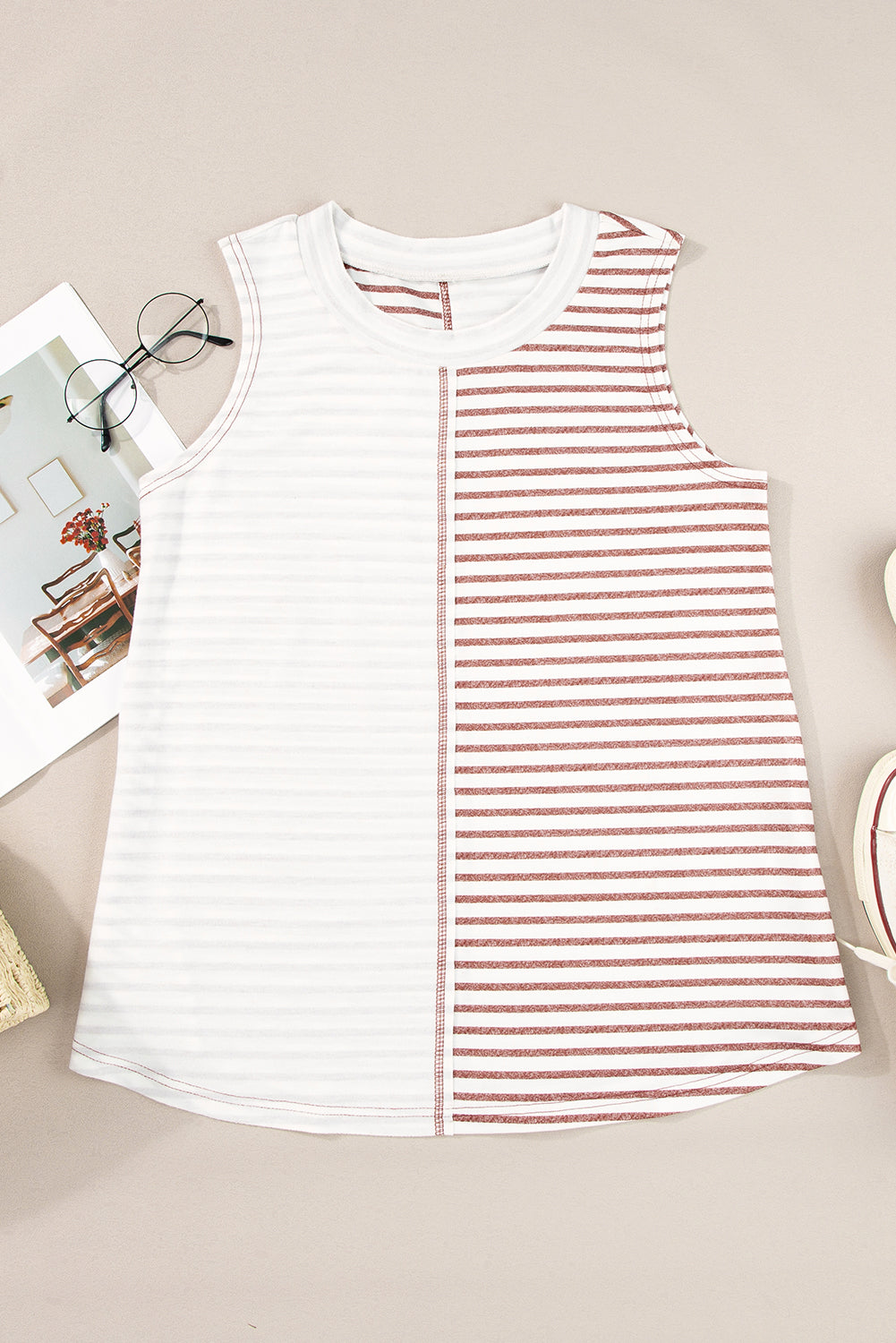 Brown Stripe Colorblock Loose Tank Top