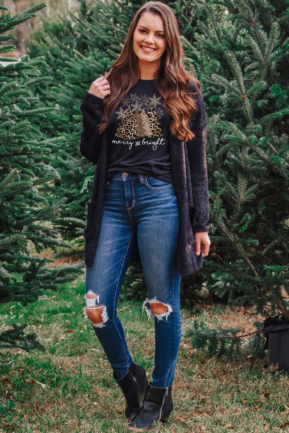 Black Leopard Christmas Tree Graphic Crew Neck T Shirt