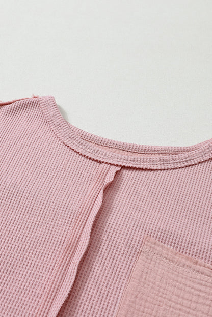 Pink Exposed Seam Patchwork Bubble Sleeve Waffle Knit Top