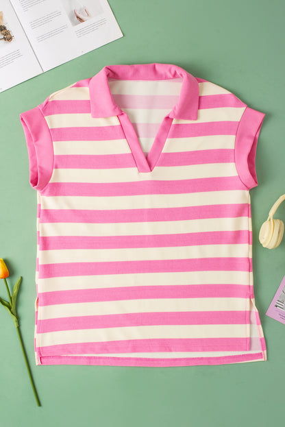 Pink Stripe V Neck Collared Cap Sleeve Top