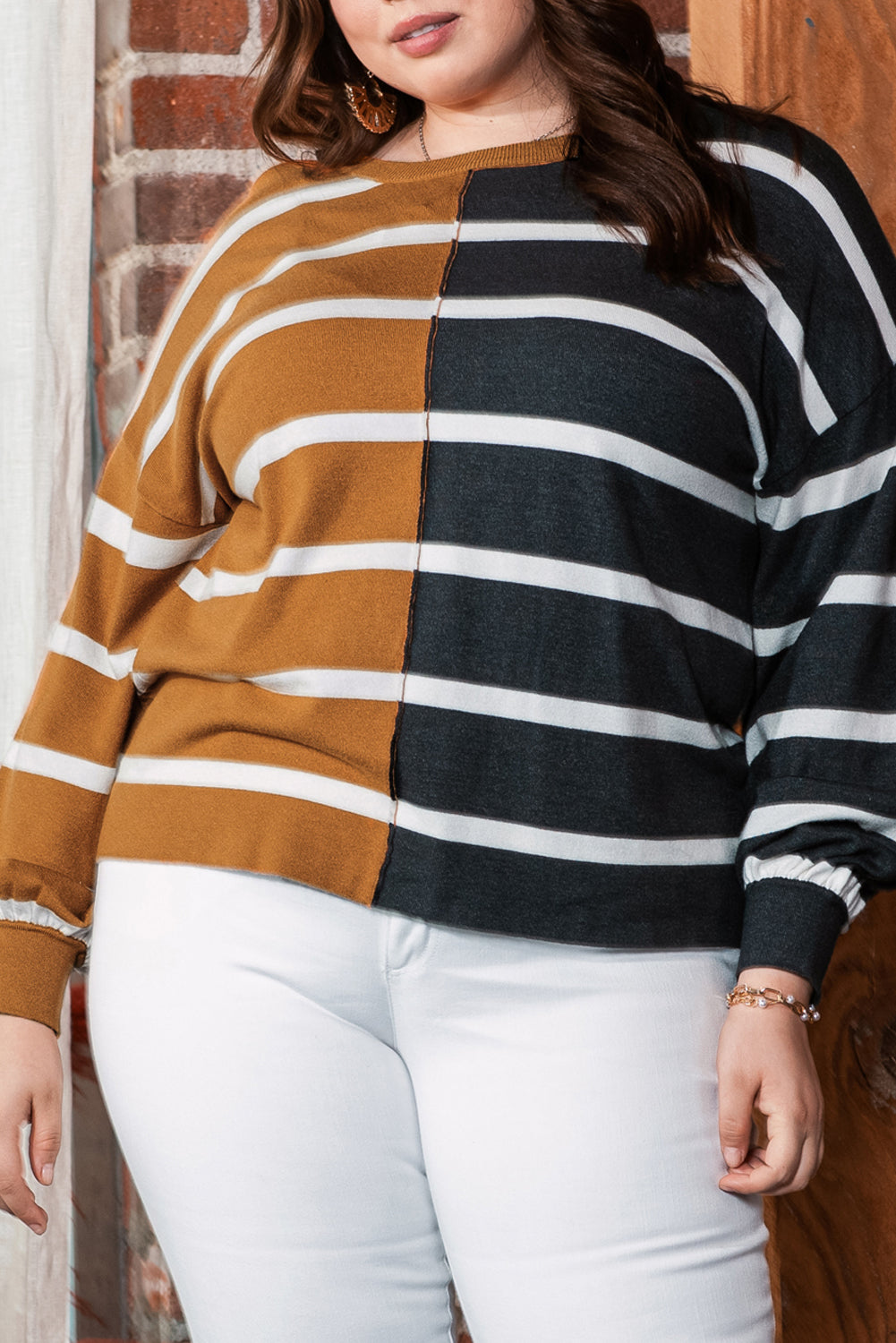 Plus Size Colorblock Striped Patchwork Loose Top