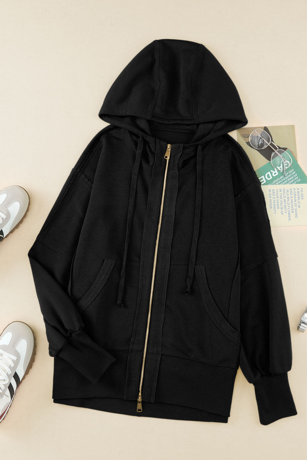 Black Raw Edge Exposed Seam Full Zip Hoodie