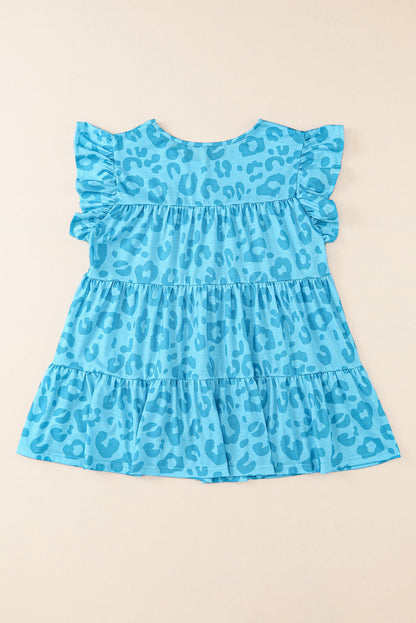 Sky Blue Leopard Print Flutter Sleeve Tiered Tank Top