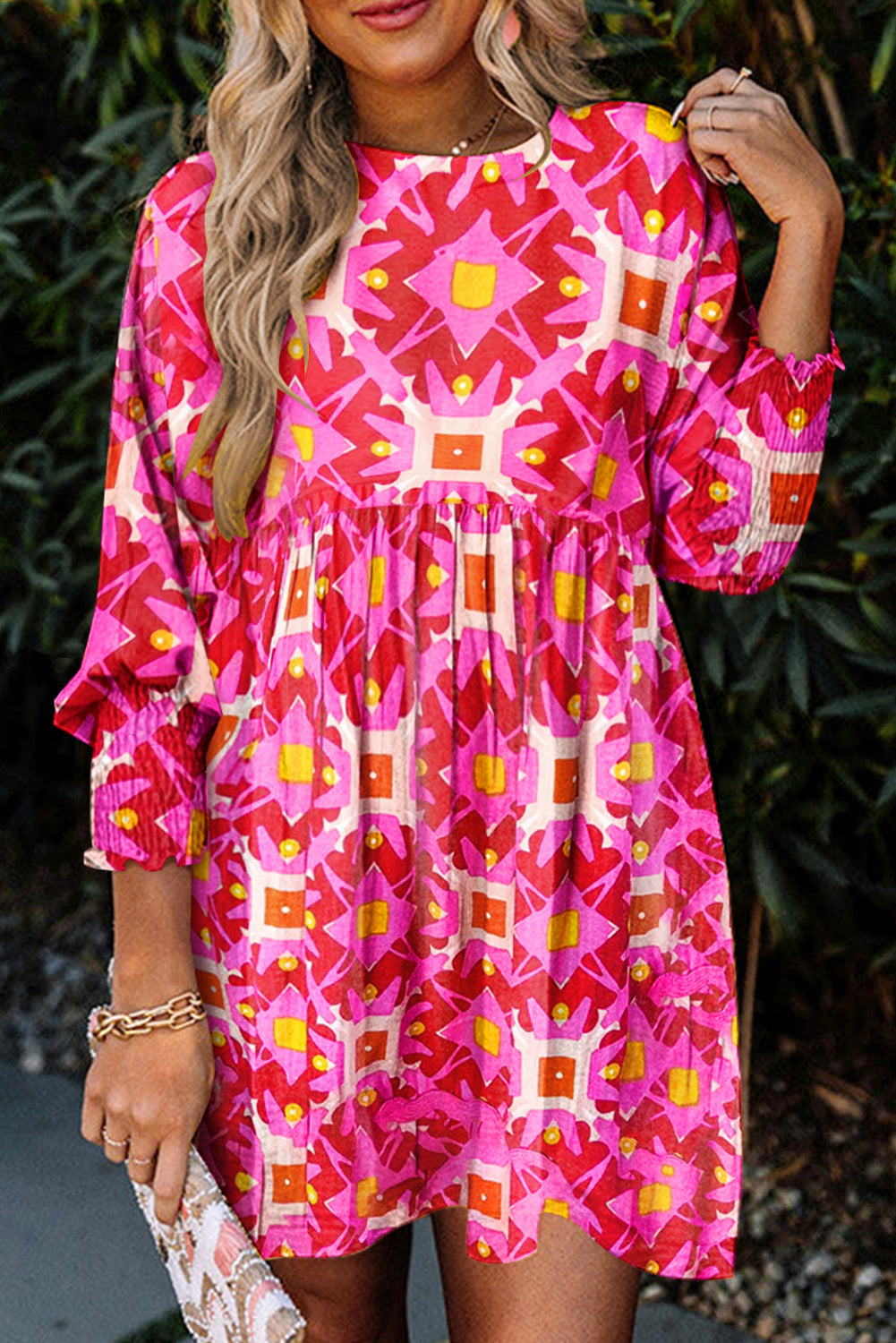 Strawberry Pink Geometric Print Smocked Long Sleeve Mini Dress