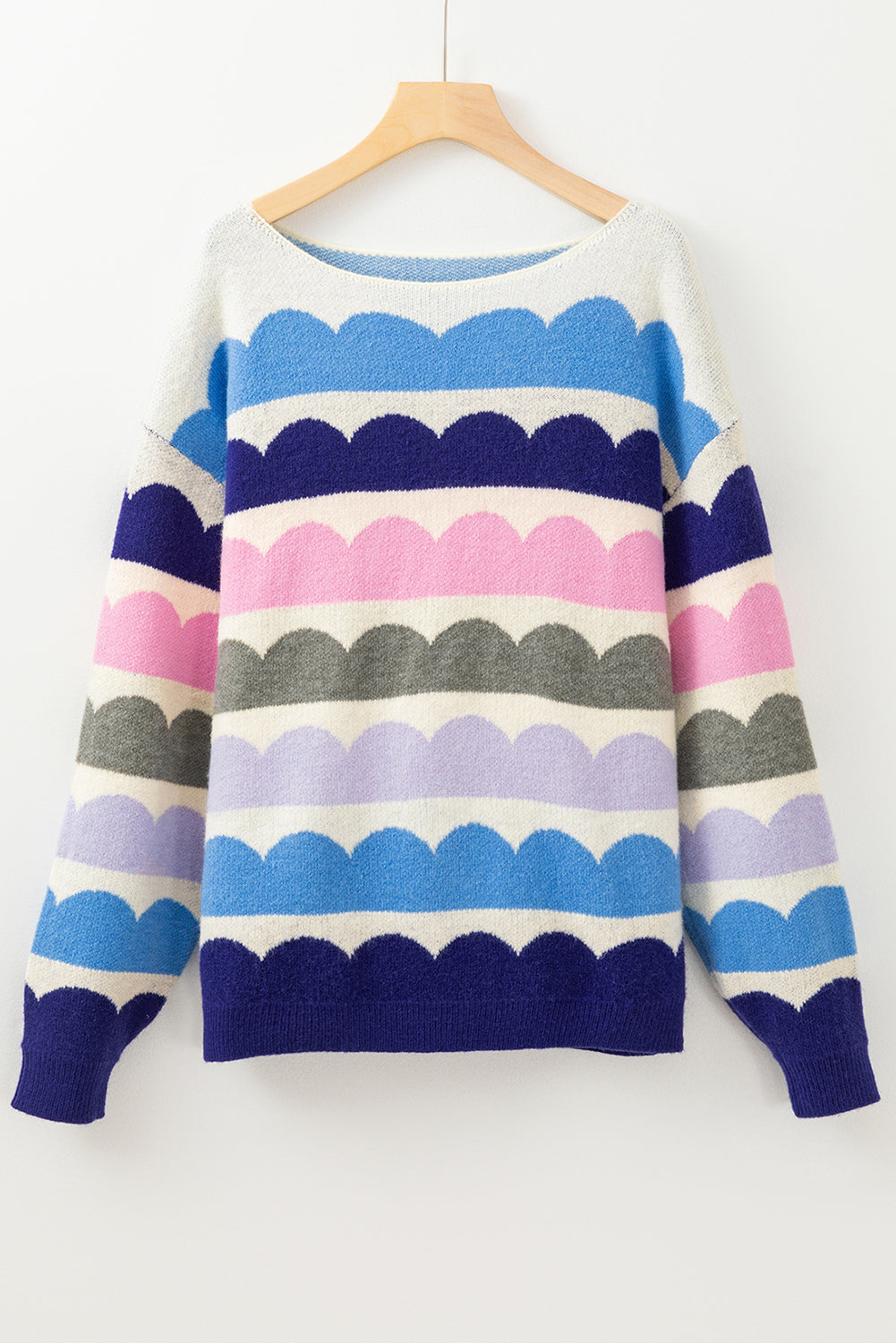 Dark Blue Wave Striped Balloon Sleeve Drop Shoulder Sweater