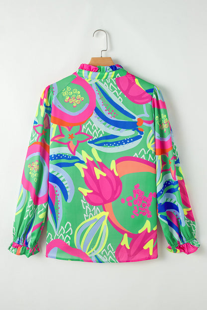 Green Abstract Print Ruffled Sleeve Buttoned V Neck Blouse