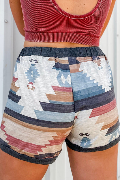 White Aztec Print Drawstring Waist Casual Shorts