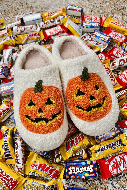 White Halloween Pumpkin Print Plush Slippers (Runs Small, Size Up)