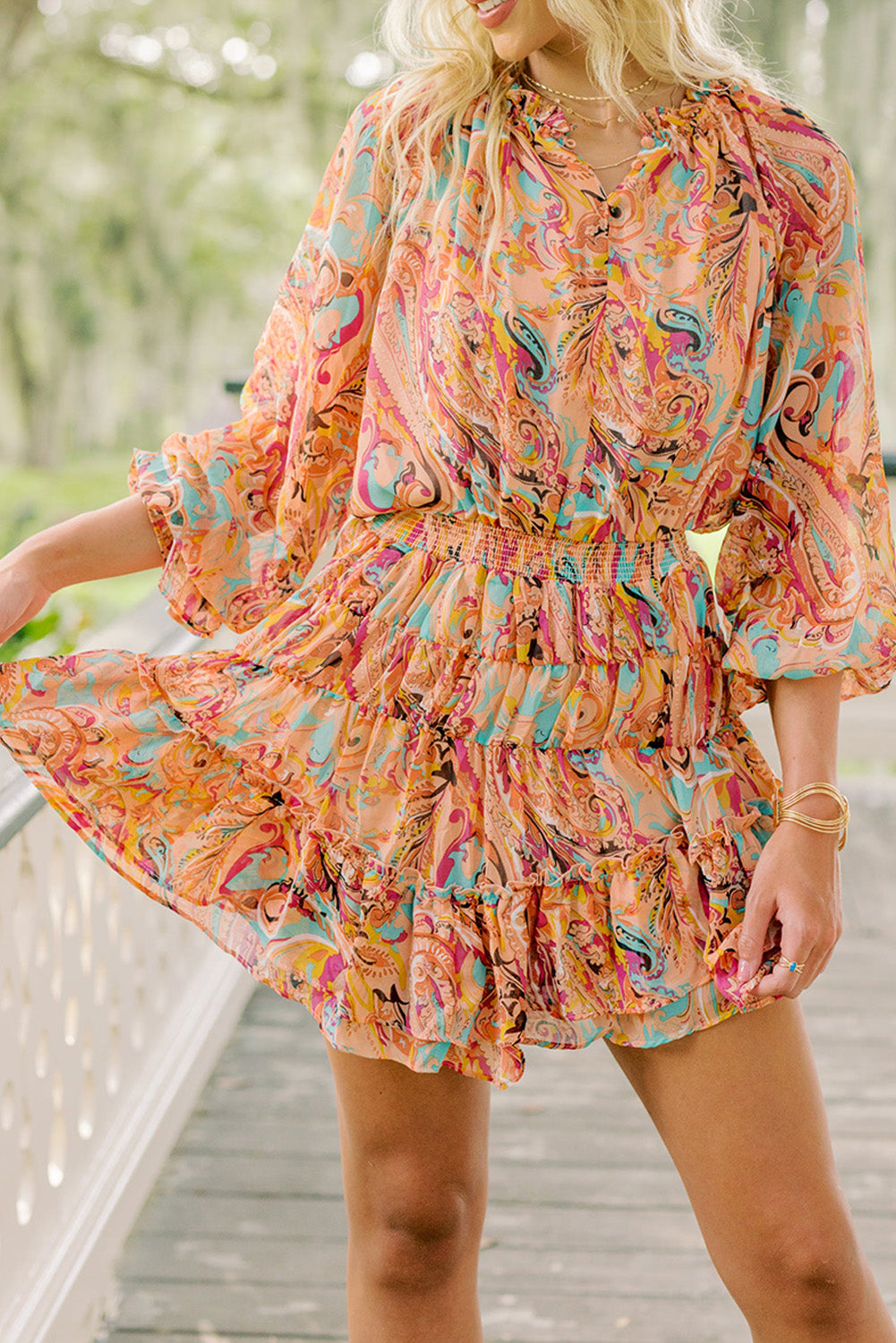 Multicolour Paisley Print Frilled Mini Dress