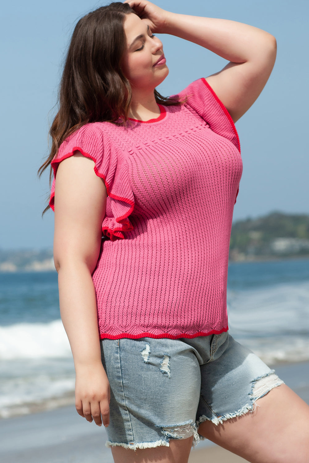 Rose Red Ruffled Contrast Trim Plus Size Short Sleeve Sweater