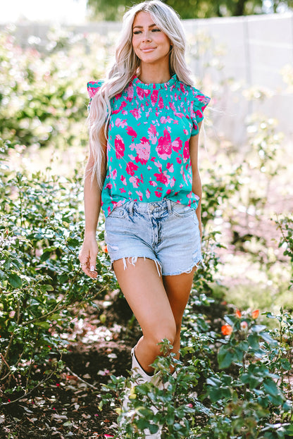 Green Floral Ruffled Flutter Sleeve Ruched Blouse