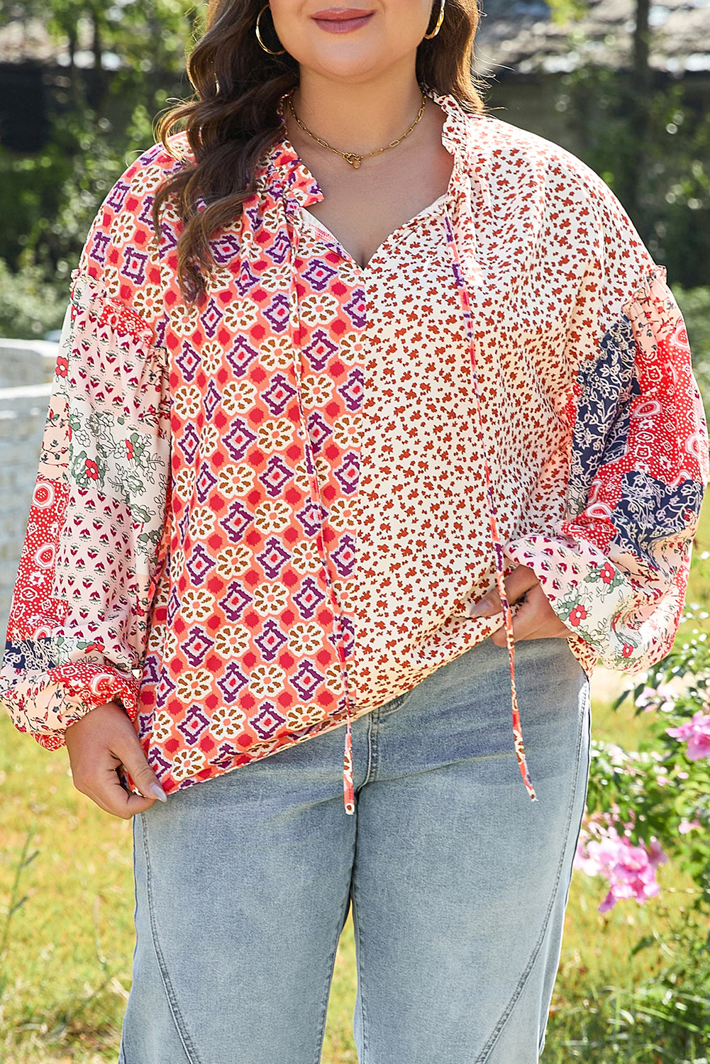 Orange Floral Geometric Patchwork Lace-up Crewneck Plus Size Blouse