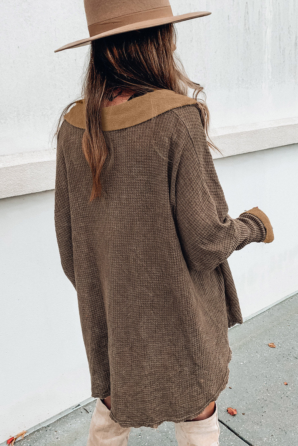 Brown Waffle Knit Buttoned Long Sleeve Top