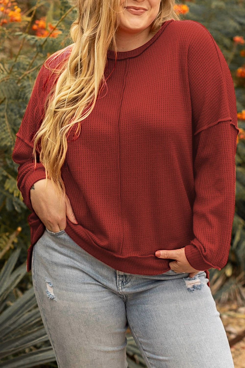 Gold Flame Exposed Seam Detail Waffle Knit Plus Size Top