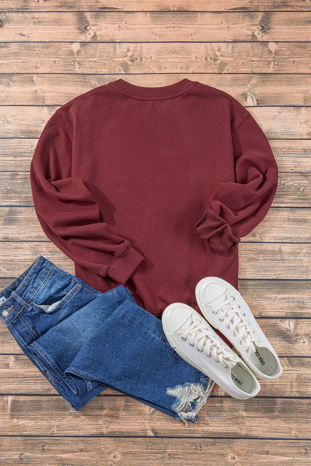 Burgundy Plain Drop Shoulder Crewneck Pullover Sweatshirt