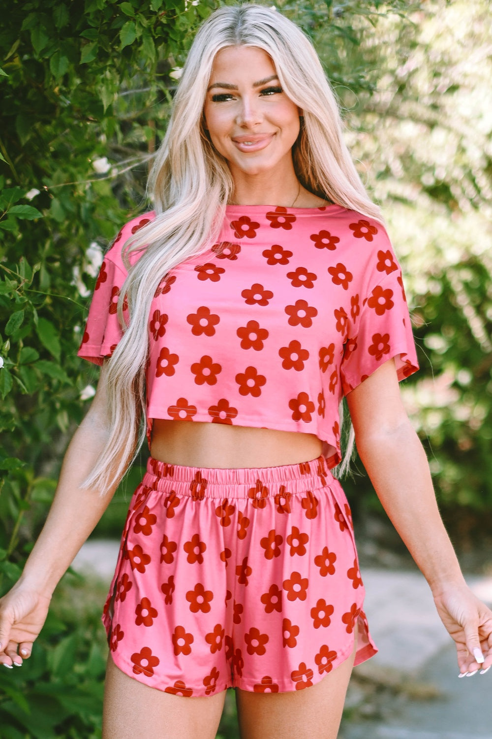 Flower Round Neck Top and Shorts Lounge Set