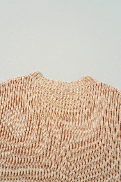 Apricot Cable Knit Drop Shoulder Side Slits Loose Sweater