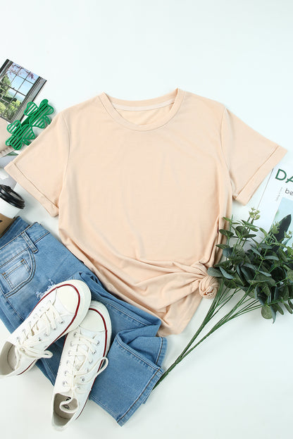 Khaki Solid Color Crew Neck Tee