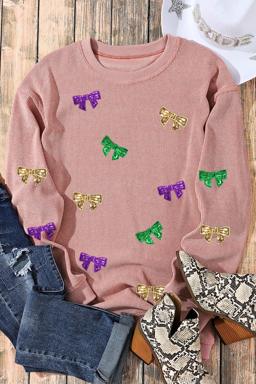 Bow Sequin Round Neck Sweatshirt