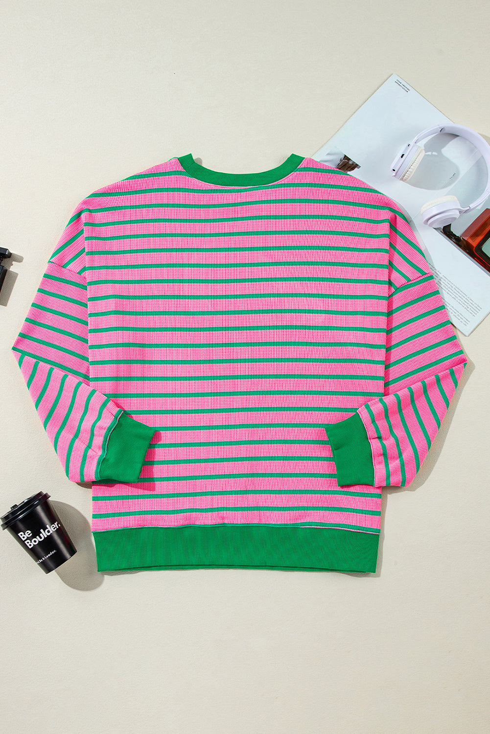 Pink Stripe Waffle Knit Crew Neck Plus Size Sweatshirt