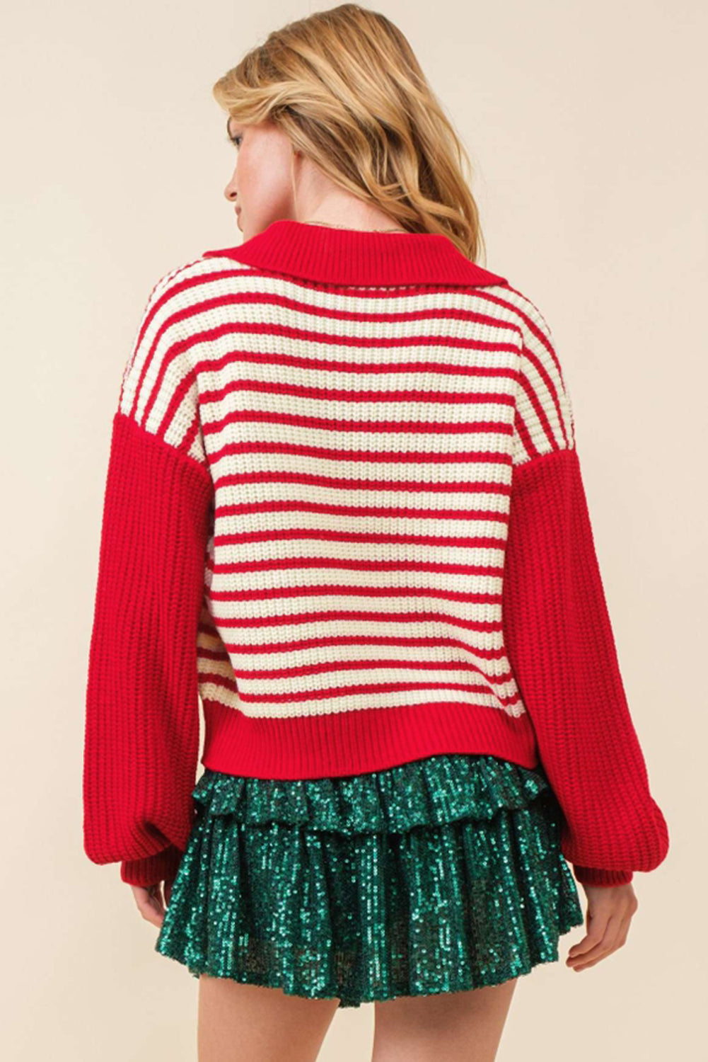 Striped Johnny Collar Long Sleeve Sweater