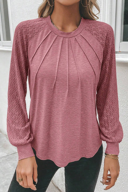 Rose Pink Contrast Lace Raglan Sleeve Plicate Round Neck Top