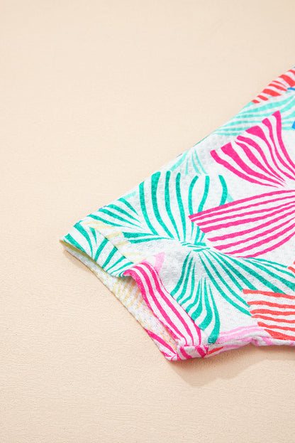 Multicolour Bowknot Printed Waffle Crewneck Loose Short Sleeve Top