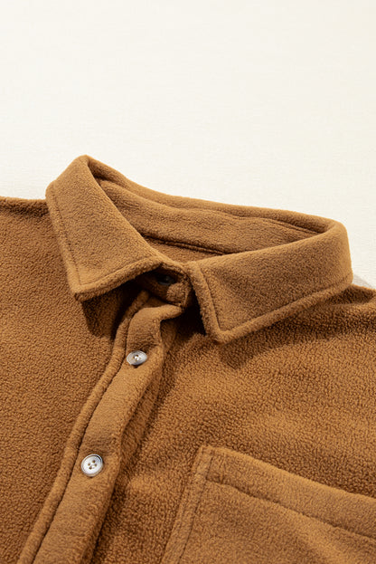 Camel Chest Pocket Button Up Fleece Shacket