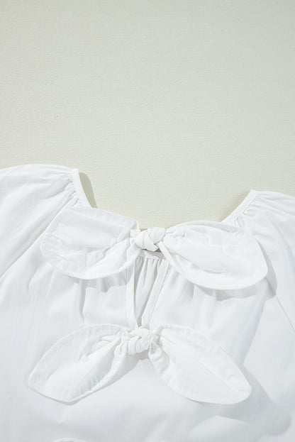 White Bow Knot Cutout Back Loose Fit 3/4 Sleeve Blouse