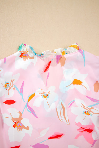 Multicolour Contrast Floral Patchwork Notched Neck Flutter Sleeve Blouse