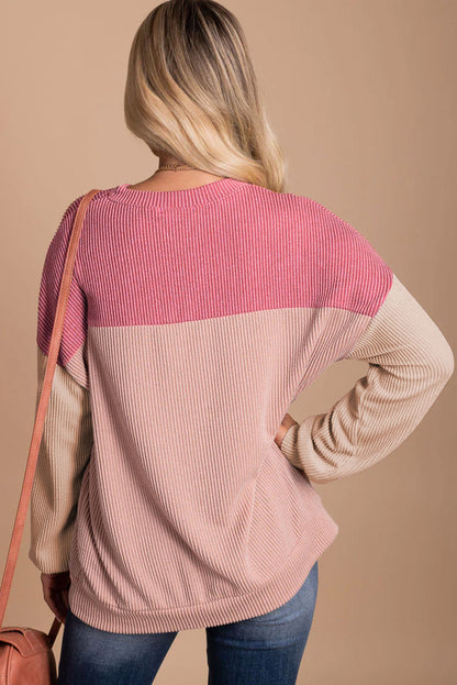 Pink Color Block Long Sleeve Ribbed Loose Top