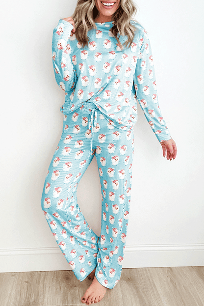 Sky Blue Santa Claus Striped Print Loose Fit Two Piece Lounge Set