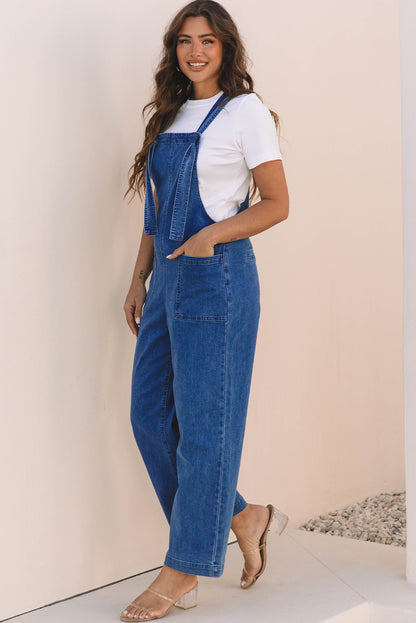 Prussian Blue Mineral Wash Knotted Strap Patched Pocket Wide Leg Denim Overalls