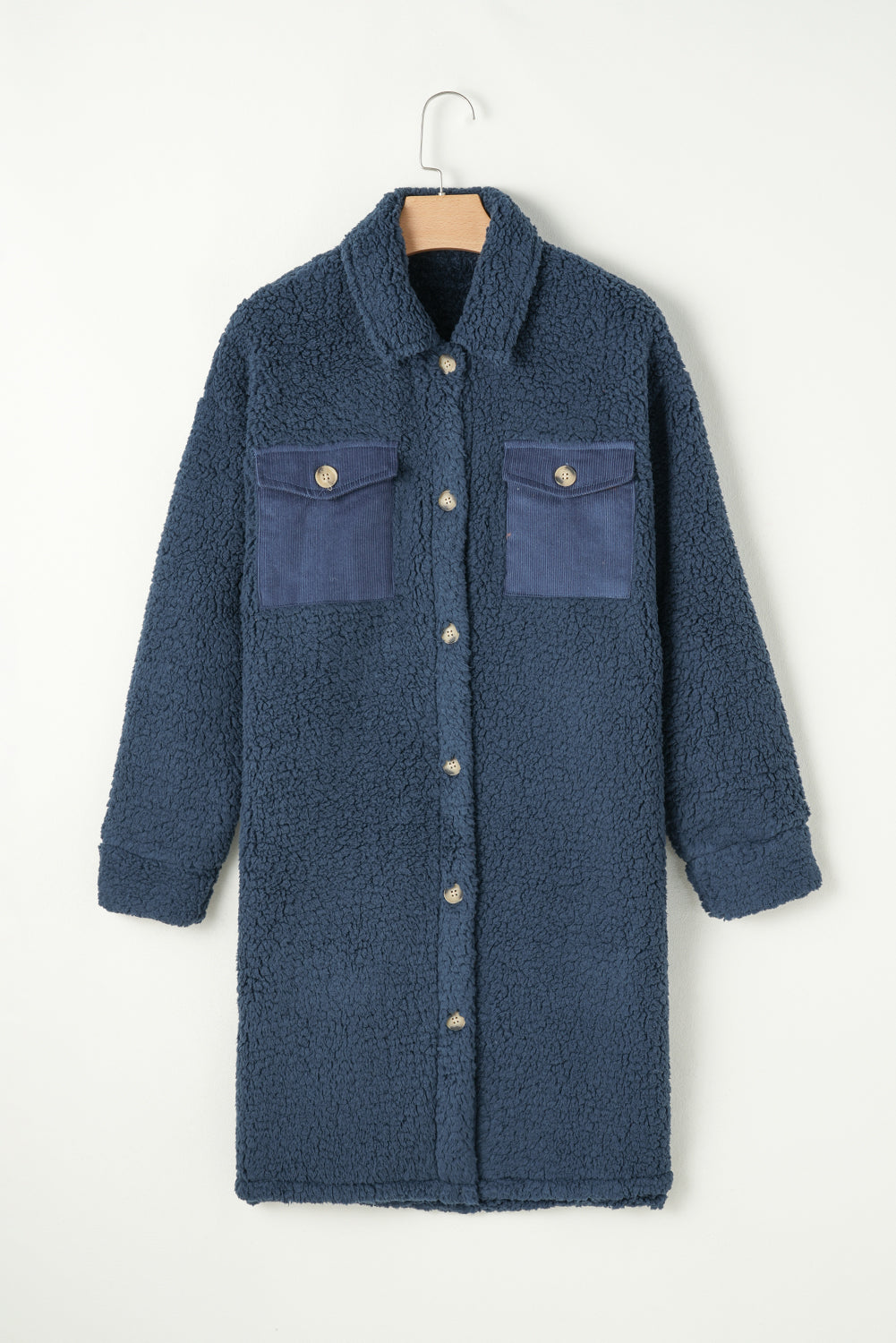 Blue Contrast Flap Pocket Single Breasted Teddy Coat