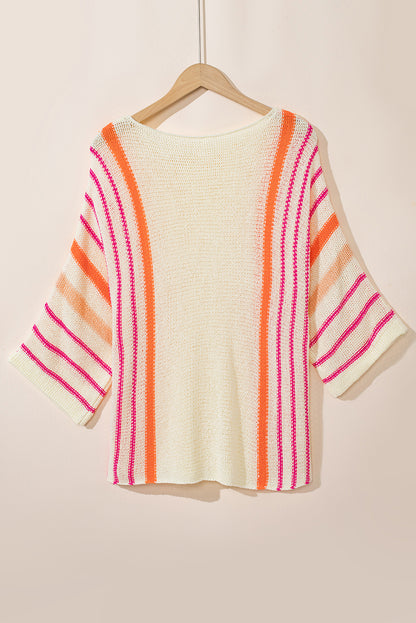 White Striped Detail Wide Sleeve Lightweight Knitted Sweater