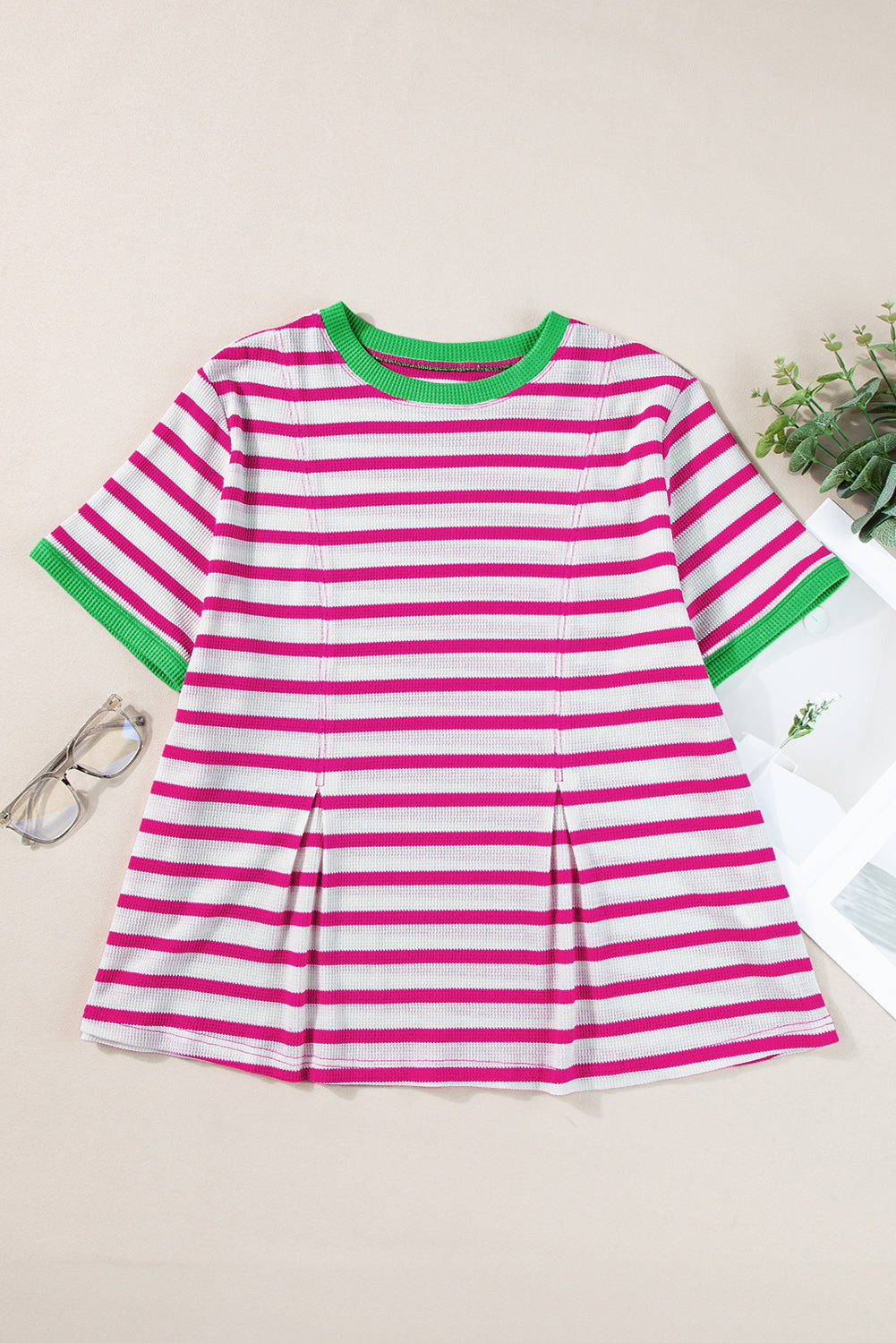 Rose Stripe Contrast Trim Crew Neck Loose Short Sleeve Top