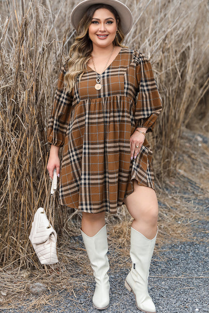 Brown Printed Plaid V Neck Plus Size Babydoll Dress