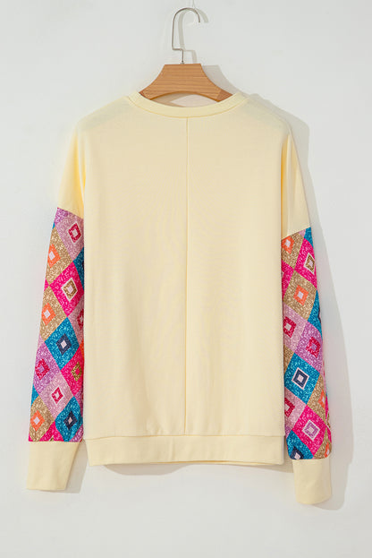 Apricot Geometric Printed Patchwork Long Sleeve Round Neck Top