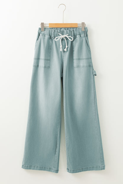 Smoke Green Mineral Wash Drawstring High Waist Wide Leg Jeans