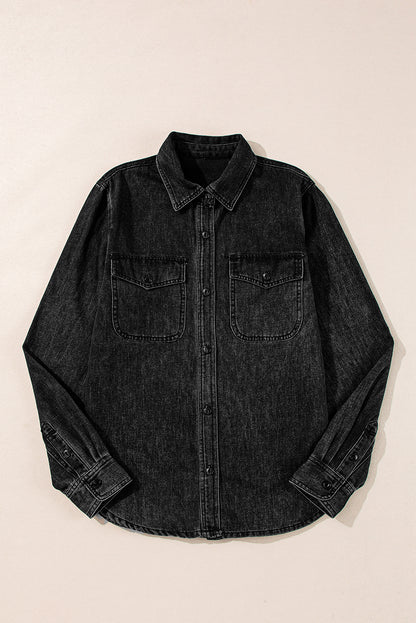 Black Flap Pocket Buttons Collared Jean Jacket