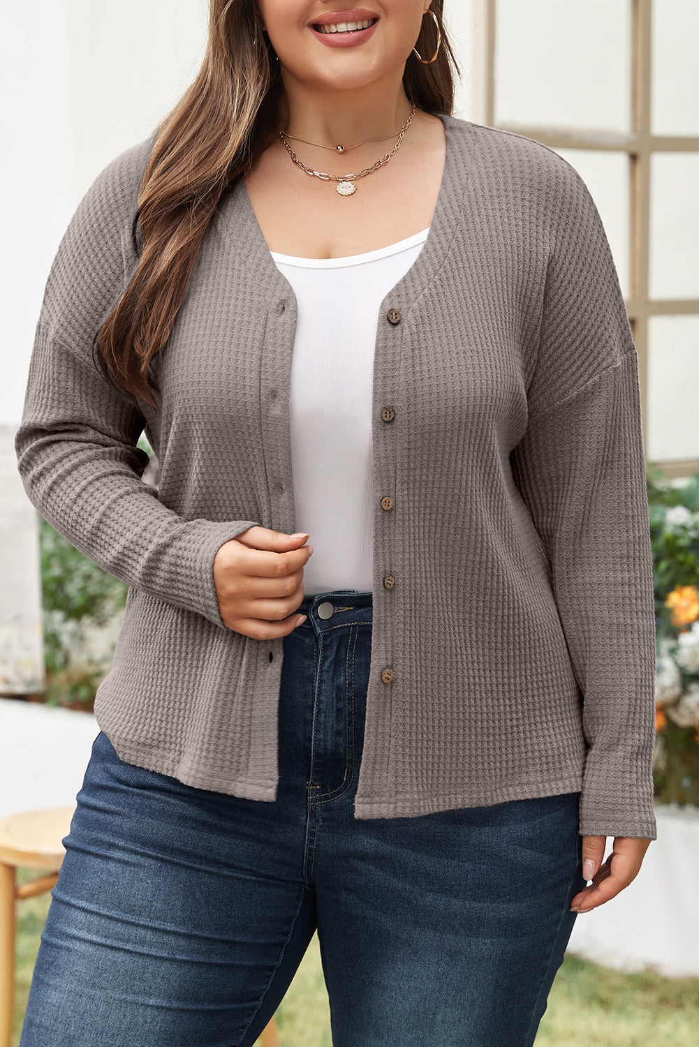 Simply Taupe Waffle Knit Drop Shoulder Button V Neck Plus Size Top