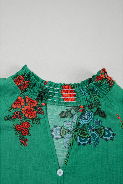 Bright Green Floral Print Buttoned V Neck Short Sleeve Blouse