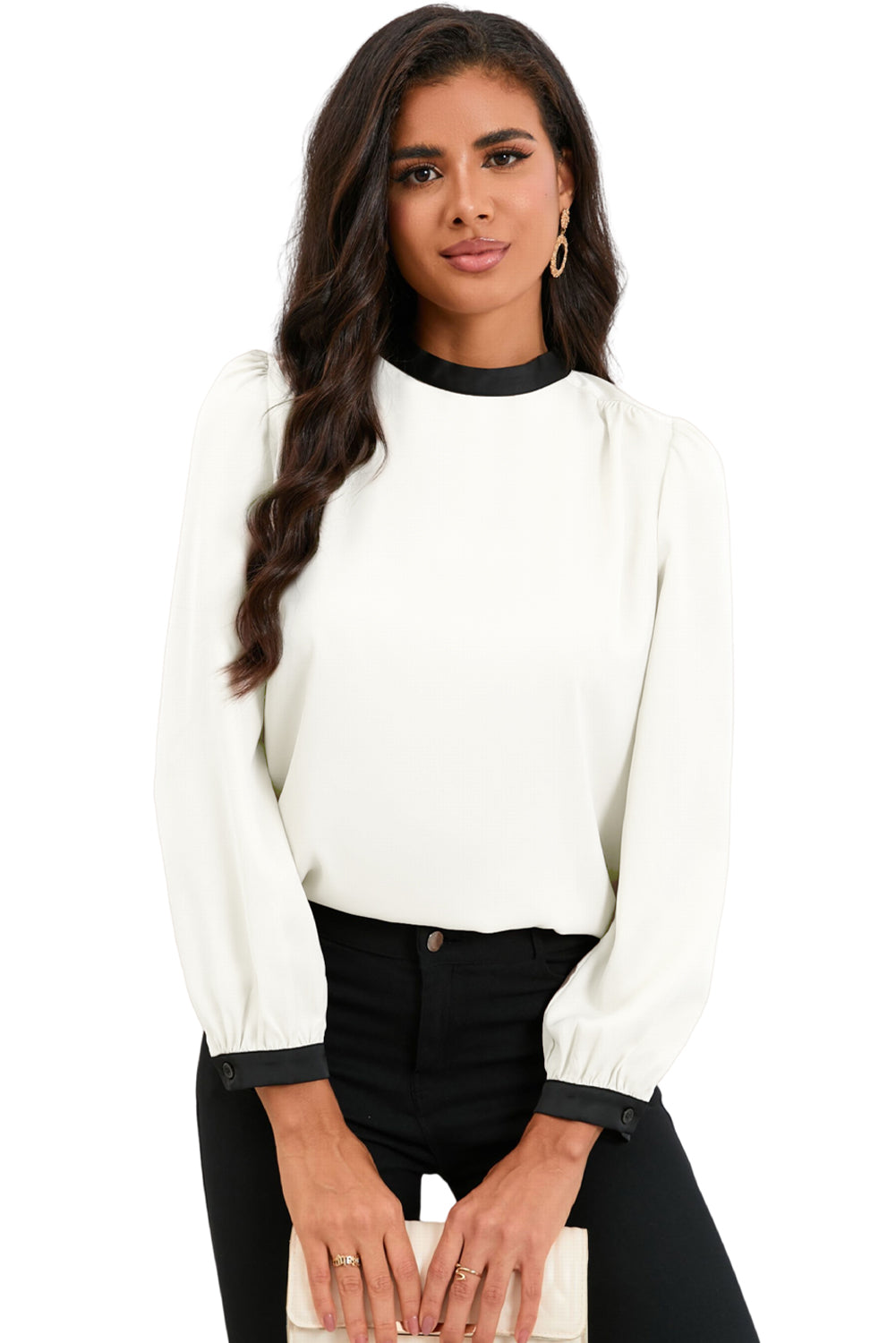 White Color Block Bow Back Mock Neck Blouse