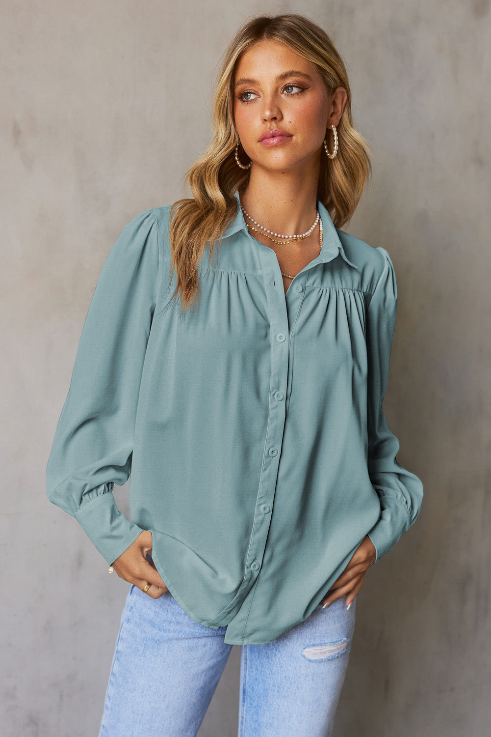 Sky Blue Solid Color Button Up Puff Sleeve Blouse