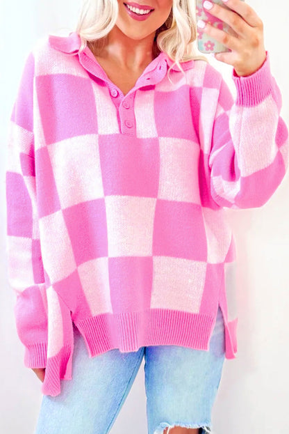 Pink Checkerboard Half Button Collared Drop Shoulder Sweater