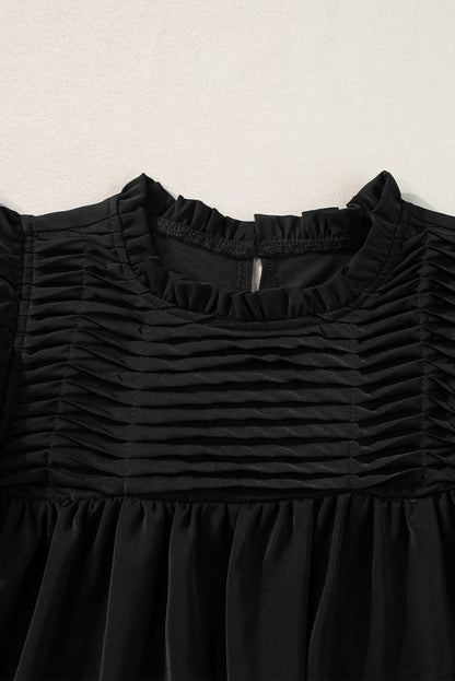 Black Smocked Ruffle Sleeve Blouse