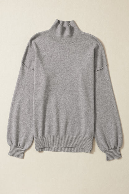 Gray Turtleneck Drop Shoulder Bubble Sleeve Knit Sweater