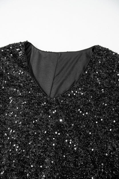 Color black Plus Size Bubble Sleeve V Neck Sequin Dress