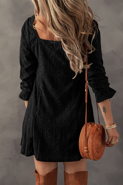 Black Lace Crochet Buttoned Square Neck Shift Mini Dress